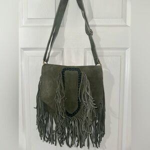 Custom made Cowhide suede leather Stylish Fringe Shoulder Bag - Green